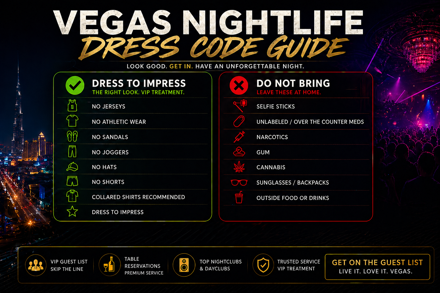 Las Vegas nightlife dress code guide showing dress-to-impress guidance, what not to bring, and guest list service callouts.