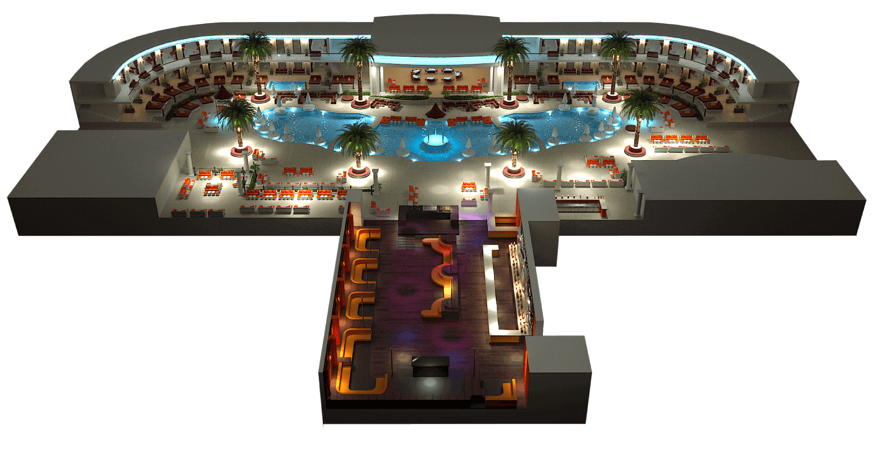 Encore Beach at Night map at Wynn Las Vegas showing the night-swim layout, stage placement, and surrounding premium seating sections.