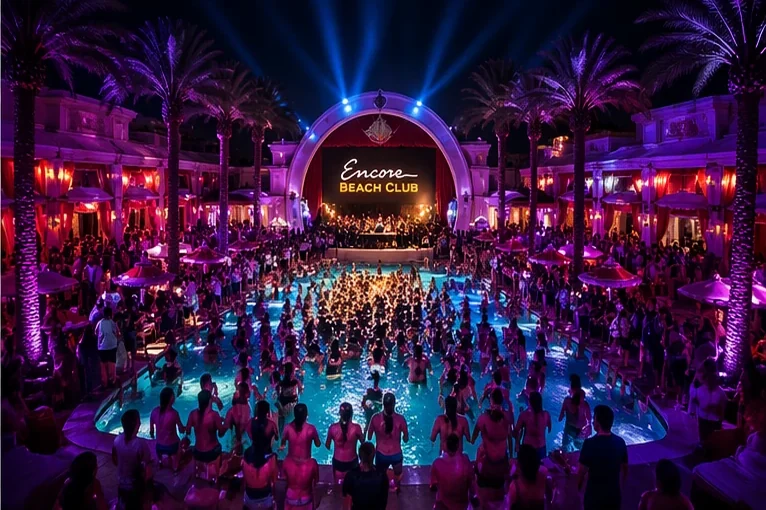 Encore Beach Club at Night at Wynn Las Vegas with the lit pool, palm trees, and night-swim crowd