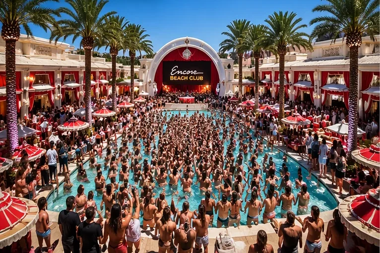 Encore Beach Club at Wynn Las Vegas with the daytime pool crowd, palm trees, and main stage