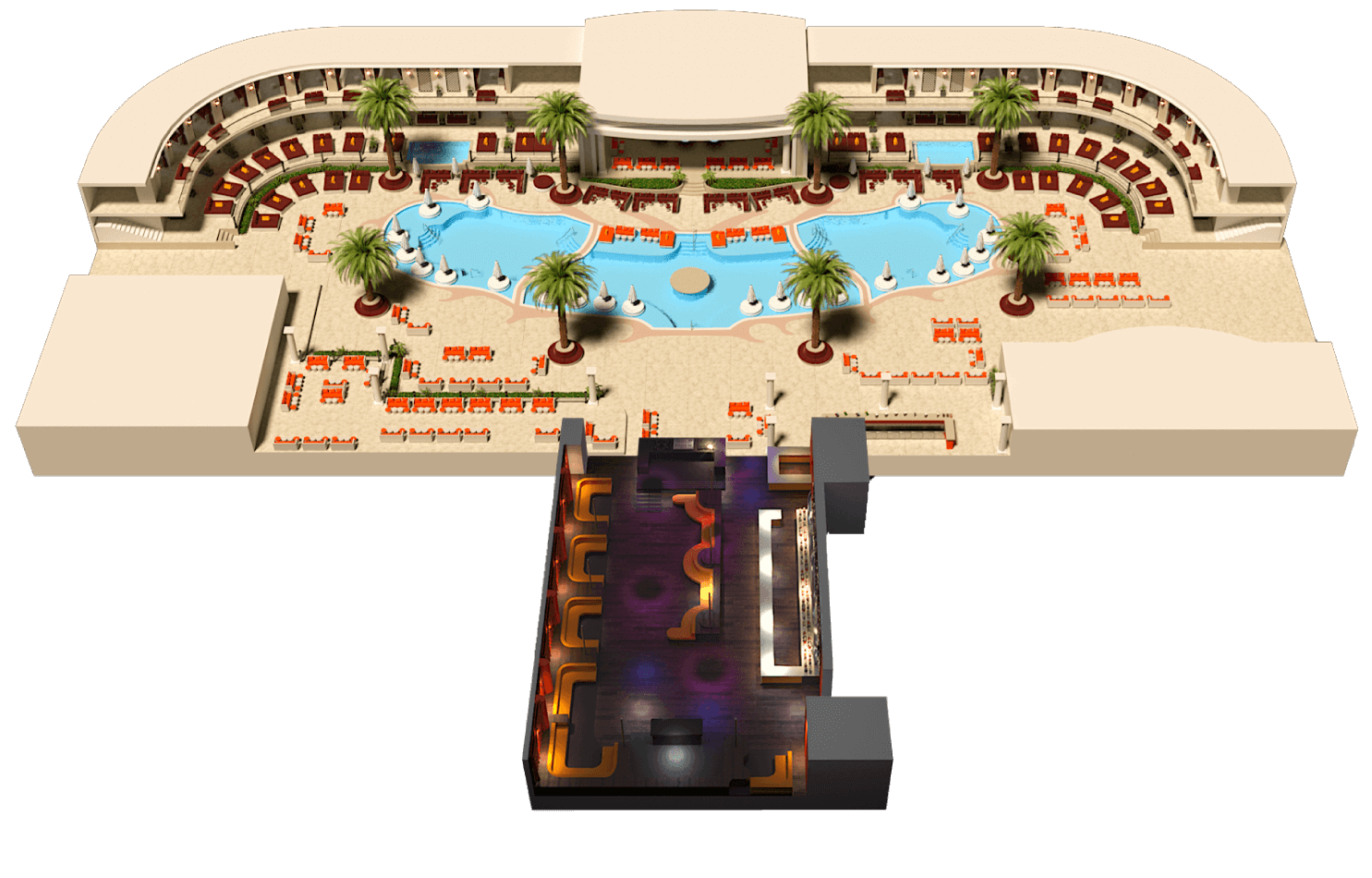 Encore Beach Club map at Wynn Las Vegas showing the pool-party layout, stage footprint, and surrounding premium seating sections.
