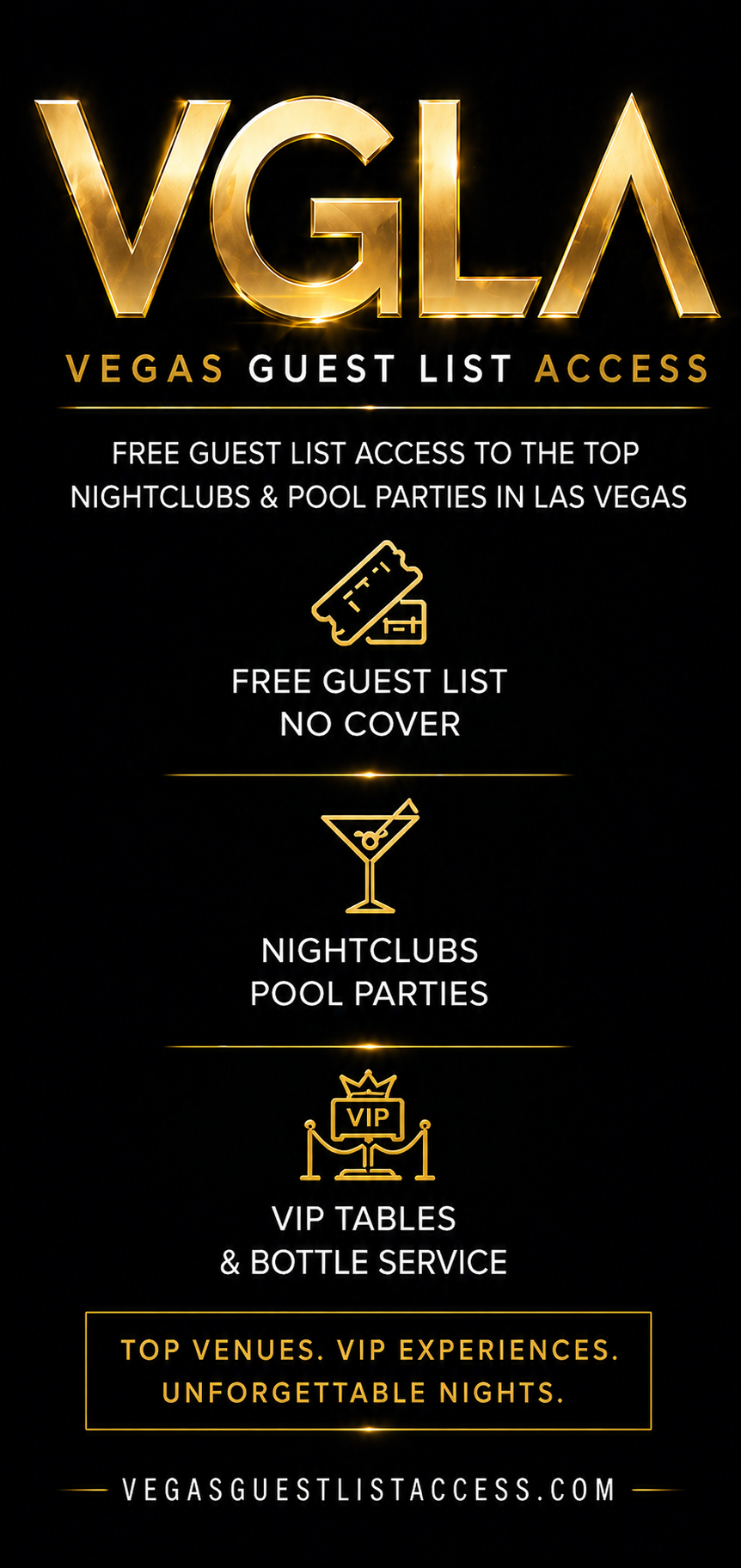 Vegas Guest List Access promo artwork for free guest list access, nightclubs, pool parties, VIP tables, and bottle service in Las Vegas.
