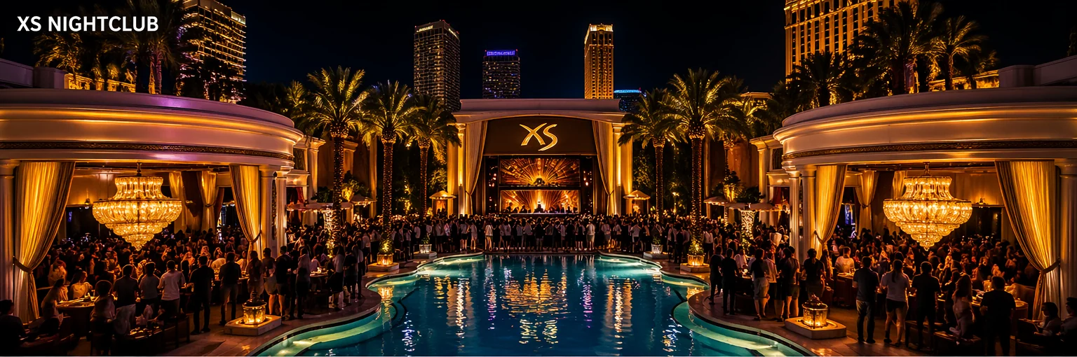 XS Nightclub at Wynn Las Vegas with the illuminated pool deck, cabanas, and late-night crowd