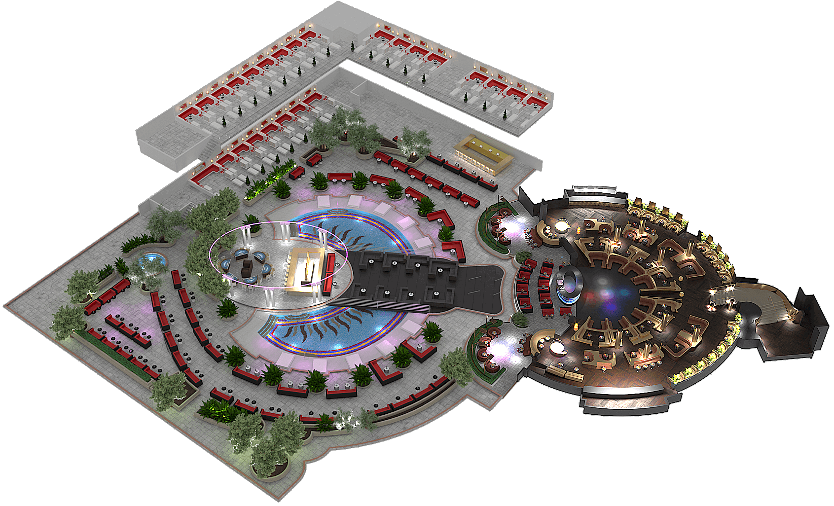 Representative XS Nightclub VIP map at Wynn Las Vegas showing the pool deck and indoor club floor layout